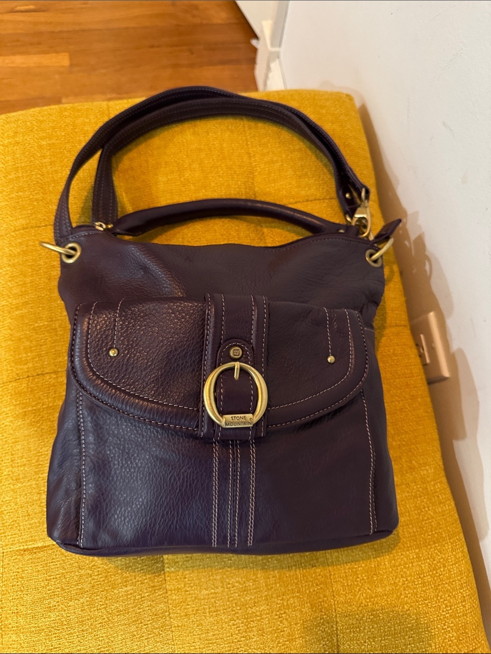 Leather Shoulder Bag in Deep Plum with Gold Hardware Stone Mountain 100% leather